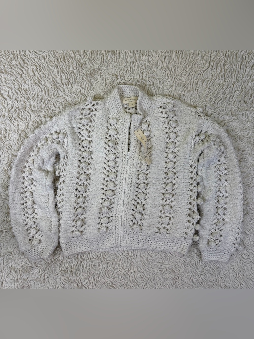 NWT saltwater LUXE Crochet Pom Pom Zip Up Cardigan Jacket